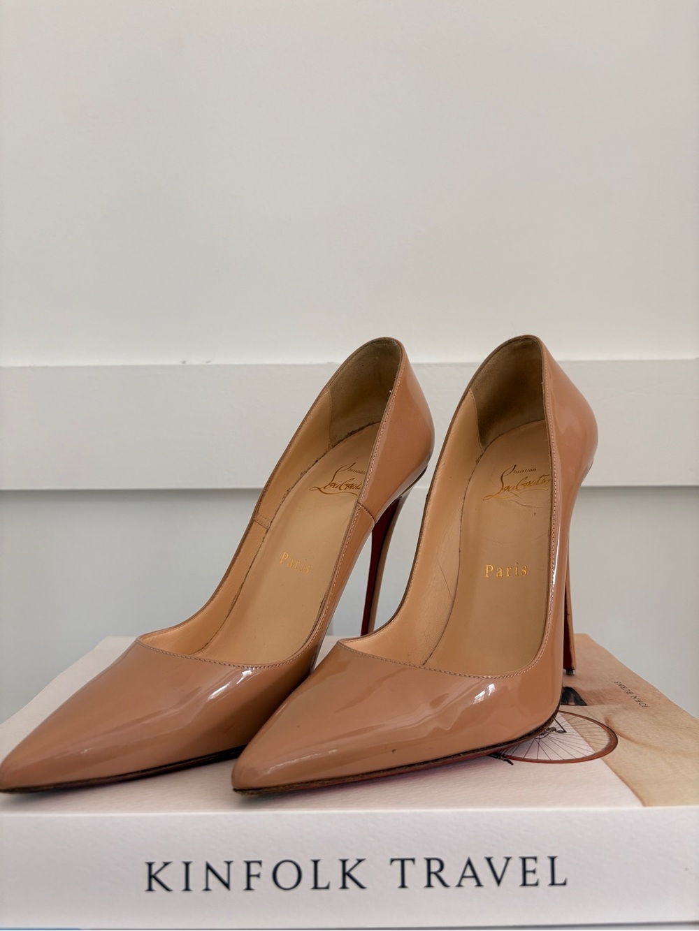 Christian Louboutin Nude Patent Leather Pointed-Toe Pumps with Red Sole